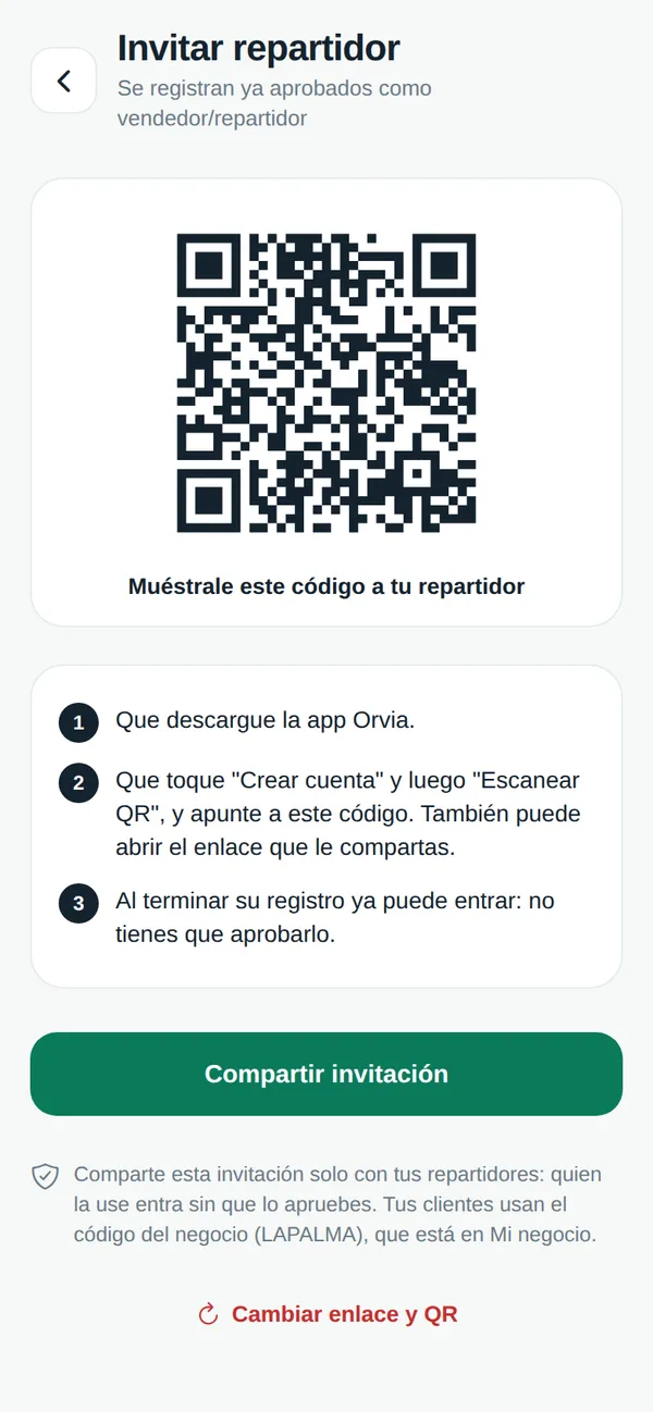 Pantalla para invitar repartidores con un código QR