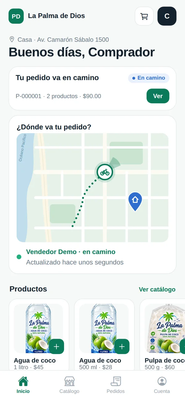 Pantalla del cliente con el mapa del repartidor en camino